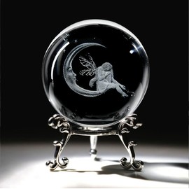 QIANCHANG 3D Fairy Moon Crystal Ball with Stand Fairy Figurine Decor Moon Girl Crystal Glass Ball Sphere Paperweight Decorations for Home