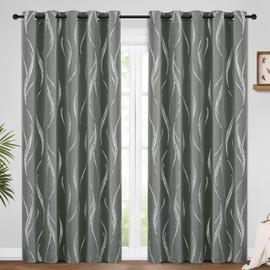 Yakamok Blackout Curtains 84 inch Length Living Room Thermal Insulated Silver Wave Line Dots Pattern Curtains Room Darkening Grommet Curtains for Bedroom, Grey, W62 x L84-inch, 2 Panels