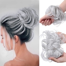 Voarge Hair Scrunchies Hair Buns Silver Grey Hair Piece, Messy Hair Bun Extensions Curly Wavy Hair Pieces, Girls Extensions Fake Scrunchies Donut Ponytail Chignons Hair Accessories