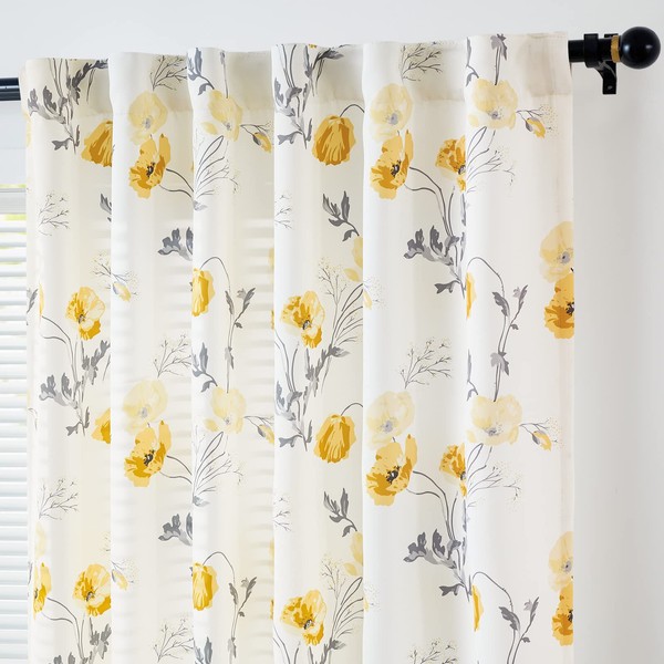 jinchan Floral Watercolor Printed Curtains 96 Inch Long for Living Room Cream Curtains Rod Pocket Farmhouse Rustic Patterned Drapes Light Filtering Window Curtain Set, 2 Panels Yellow