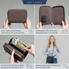 VON HEESEN Leather Wallet for Men and Women, dark brown, 2 main compartments (for hanging)
