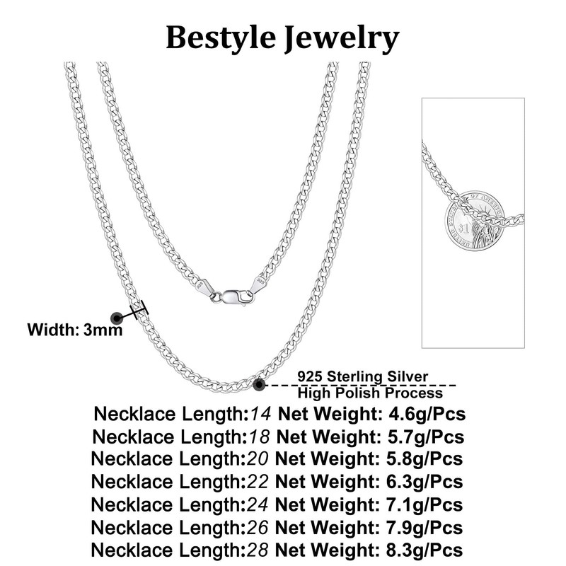 Bestyle Curb Chain Women's Men's Silver 925 Cuban Necklace Figaro