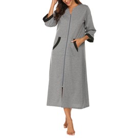 Ekouaer Women Zipper Robe 3/4 Sleeves Loungewear Full Length Sleepwear Pockets Housecoat Long Soft Bathrobe