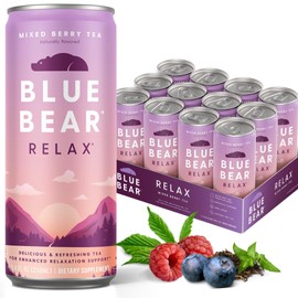Blue Bear Relax Tea, Ready-to-Drink Iced Tea, Mixed Berry Calming & Relaxation Tea for Stress Relief, Caffeine-Free, Zero Sugar, 8.4 Fl Oz (12 Pack)
