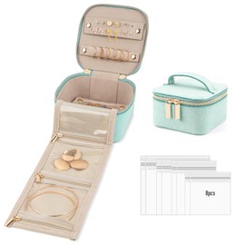 Jewellery Box, Small Travel Jewellery Organise Storage Case,Portable Velvet Jewellery Gift Box with 8 Clear Jewelry Pouches for Necklace,Ring, Earrings for Women (Light Cyan)