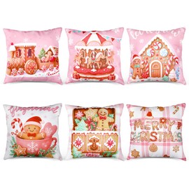 6 Pcs Pink Christmas Gingerbread Throw Pillow Covers 18 x 18 Inch Gingerbread House Truck Hot Cocoa Pink Christmas Decorative Pillow Cases for Xmas Sofa Couch Decor(Novel)