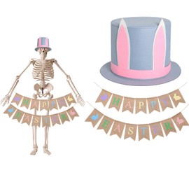Skicuff 12 ft Skeleton Easter Bunny Costume Kit, Rabbit Hat and Happy Easter Burlap Banner Costume Accessories for 12 ft Skeleton Outfit Spring Holiday Outdoor Decoration