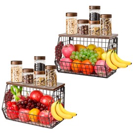 Livabber Fruit Basket for Kitchen, Metal Fruit Vegetable Storage Bin with 2 Banana Hangers, Countertop Wire Basket Organizer for Fruit Snack Potato Onion, Wall Mounted or Stand (Black, 2 Pack)