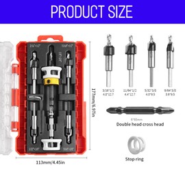 DOAGEAS 5 Pcs Countersink Drill Bit Set with Low Friction Depth Stop, HSS M2 Tapered Bits 1/8" 9/64" 5/32" Drill and 1/2" 82° Counter Bore, 3/8” 82° Counter-Bore and 11/64" 3/16" Drill