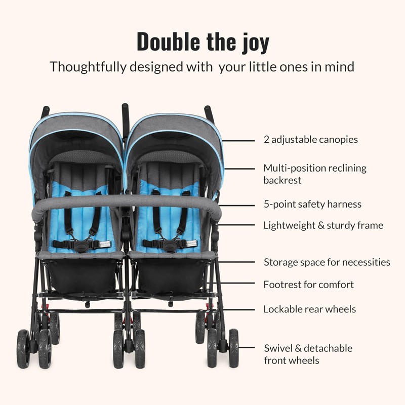 Dream On Me Volgo Twin Baby Stroller, Lightweight Side-by-Side Double