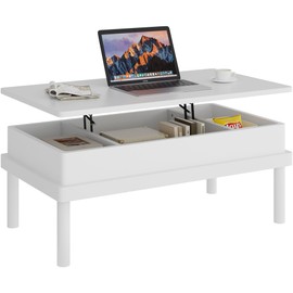 Shintenchi Coffee Table, Lift Top Coffee Table with Hidden Compartment, Rising Tabletop Dining Table, Lift Top Coffee Center Table for for Living Room, Office, Home (White)
