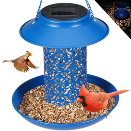 MLEPXBO Solar Bird Feeder, Durable Metal Outdoor Bird Feeders Hanging Station, Wild Bird Feeders with Solar LED Light, Squirrel Proof Bird Feeder for Balcony Garden Decoration (Blue)