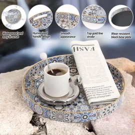 Fuukou Round Serving Tray with Handles - Boho Coffee Table Tray Ottoman Tray,Large Trays for Ottoman Coffee Table,Modern Decorative Trays for Living Room