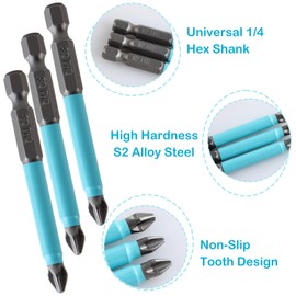 YUENTOEN 10PCS Magnetic Phillips Screwdriver Bits Set, 1/4 Inch Hex Shank Phillips Head Drill Bits, PH2 Anti Slip Drill Bit-70mm Length