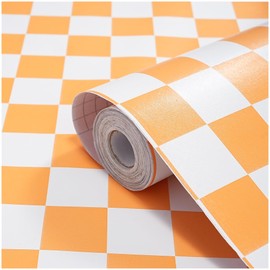 Modern Peel and Stick Wallpaper Orange and White Mosaic Checkered Contact Paper 17.7"x197" Self Adhesive Lattice Wallpaper Removable Decorative Wallpaper for Bedroom Countertops Cabinet Vinyl Roll