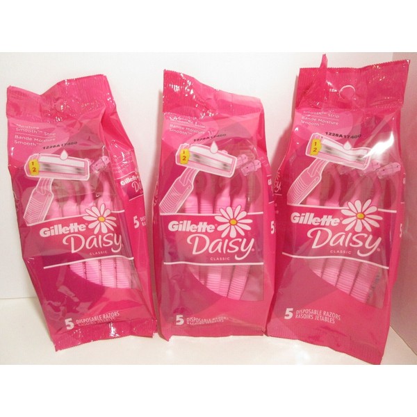 Gillette Daisy CLASSIC Disposable Razors Pink Hair Removal, 5ct Each, 3 PACK