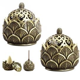 SRTSTR Pack of 2 Incense Cones Holder Incense Cones Lotus Incense Burner with Lid Incense Holder Incense Burner Metal Incense Holder for Home Office Tea House Decoration (Bronze, 4 cm)