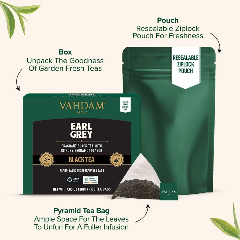 VAHDAM, Earl Grey Black Tea Bags (100 Count) Medium Caffeine,