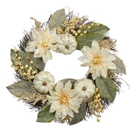 Northlight White Dahlia and Pumpkin Artificial Thanksgiving Wreath - 22-Inch, Unlit
