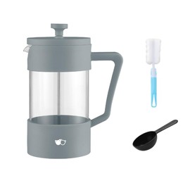 W&M French Press - French Press Kaffeemaschine - French Press Klein - French Press Thermo - French Press Edelstahl - Borosilikatglas - Messlöffel + Reiniger - Grau - 600ml