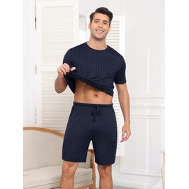 RQP Men's Pajama Set Summer Lightweight Ribbed Lounge Wear Breathable 2 Piece SleepShorts & Tee,Stretch Home Outfits for Men,Dark Blue