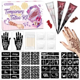 Temporary Tattoo Kit for Teens & Adults – 3 Tattoo Pastes (2 Brown+Cherry Red), 100pcs Reusable Stencils, Outline Pen, Long Lasting Waterproof Body Art, DIY Skin Painting for Festivals, Parties Makeup