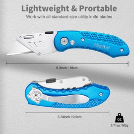 Harita Folding Utility Knife Box Cutter Quick Change Blades, Back-lock Mechanism, Portable Belt Clip, with 5-piece Extra Blades, Blue