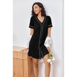 Ekouaer Nightgowns for Women 2 Pack Button Down Sleep Shirts Short Sleeve Night Shirts V Neck Sleepwear Soft Pajama Dress Black/Grey