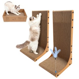Goosheep Cat Scratching Post, 3-in1 Scratching Board for Indoor Cats, 2PK 22in L-Shaped Cat Scratcher with 1PK Cardboard Box Scratch Pad, Cats Scratch Furniture Protector with Feathered Toy