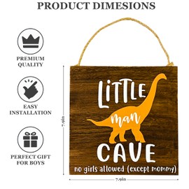 HnJOY Little Man Cave - Dinosaur Wood Wall Decor - Boys Room Decoration - Nursery Decor for Boys Gift Bedroom - Wooden Door Hanging Wall Plague