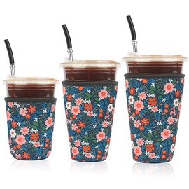 Reusable 3-Pack Iced Coffee Cup Sleeve, Insulated Neoprene, Beverage Holder for iced coffee, Durable Drink Sleeve for Cold Beverages, Bloom Garden