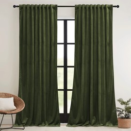 RYB HOME Green Velvet Curtains 102 inches with Hook Belt, Soft Fabric Room Darkening Thermal Insulated Luxurious Home Decor Curtains for Living Room Bedroom, W 52" x L 102", 2 Panels Set