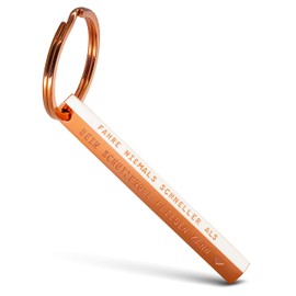 Fabach Cuboid Keyring "Fahre nie schneller als Dein Schutzengel fliegen kann” - Cuboid Car Key Chain "Drive Carefully" made of Stainless Steel - Stick Pendant with Guardian Angel Engraving, Rose Gold