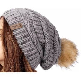 FURTALK Womens Winter Knit Slouchy Beanie Hat Gray W/ Removable Pom NWT