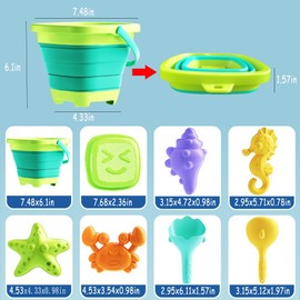 8pcs Kids Beach Sand Toys Set with Collapsible Beach Sand Buckets,Sand Molds,Sand Sifter,Shovels Set Travel Sandbox Toys for Toddler Ages 3+,Outdoor Play and Beach Travel