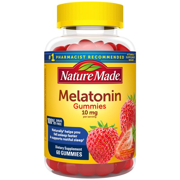 Nature Made Melatonin 10mg per serving, Maximum Strength 100% Drug Free Sleep Aid for Adults, 60 Gummies, 30 Day Supply