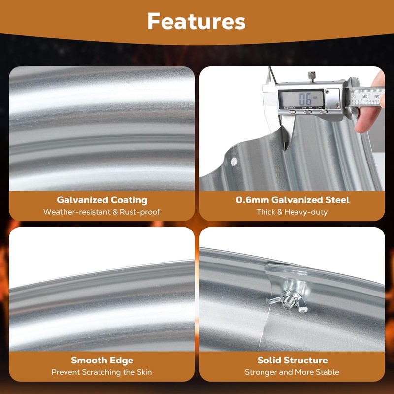 Raynesys 48 Inch Round Galvanized Fire Pit Ring, Silver Round