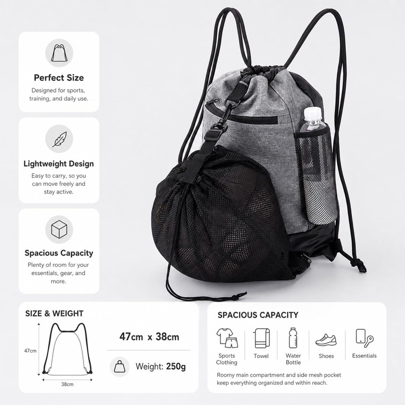 DEKAYAKER Drawstring Basketball Bag - Portable Soccer Volleyball Carrier Expandable