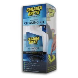 Cerama Bryte - Cooktop Cleaning Kit - Includes 10 oz. Bottle of Cerama Bryte Cooktop Cleaner, 2 Cleaning Pads, 1 POW-R Grip Pad Tool and 1 Scraper packed in Reusable Container, White (SYNCHKG114607)