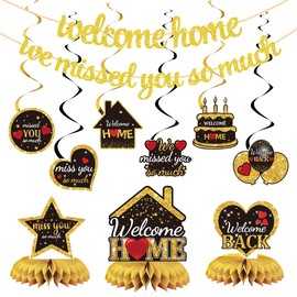 Plceucsrs Welcome Home Decorations, Black & Gold 'We Missed You So Much' Banner & Accessories for Military Army Returning, Homecoming Party Decorations