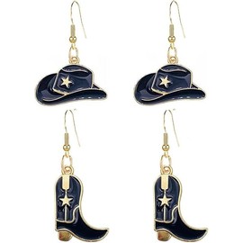 Cowgirl Earrings Cowboy Boot Earrings Western Cowgirl Boots Hat Dangle Earrings Set Cowboy Earrings Western Country Earrings Style Jewelry Gift for Women (Black)