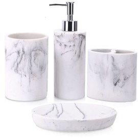 ZCCZ Bathroom Accessory Set, 4 Pcs Marble Look Bathroom Vanity Countertop Bathroom Décor Sets Accessories with Soap Dispenser, Toothbrush Holder Set, Tumbler, Soap Dish