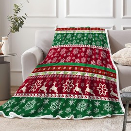 Christmas Blanket, Winter Boho Red Green Reindeer Snowflakes Christmas Throws Blankets, Cozy Soft Flannel Xmas New Year Holiday Blanket for Bed Couch Sofa Decor, 50X60IN