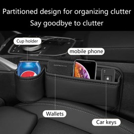 WOVAZUS 2 Packs Car Seat Gap Filler Organizer, Car Seat Organizer, Seat Gap Storage Box with Cup Holders for Drink, Car Leather Cup Holder Gap Bag Front Seat for Phone, Sunglasses,Keys(Left+Right Side)
