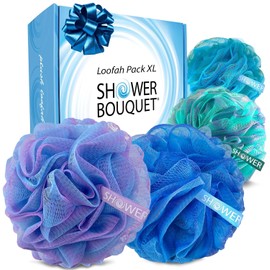 Ramos de ducha de luofah para baño, juego profundo, XL-75 g, extra grandes, 4 unidades, red de malla suave, luffa lufa lufa puff - exfoliante corporal para mujeres y hombres: exfoliante facial y corporal calmante