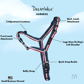 ShawnCo Dream Walk No-Pull Dog Harness- Adjustable, Comfortable, Easy to Use Pet Halter to Help Stop Pulling for Small, Medium and Large Dogs- Art Pattern Designs (Stars and Stripes, M)