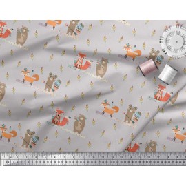 Soimoi Gray Velvet Fabric Animals,Feather & Arrow Tribal Print Fabric by The Yard 58 Inch Wide