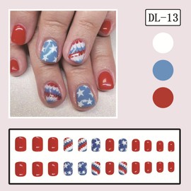 24Pcs 4th of July Press on Nails Short Square Petite Fake Nails Blue Red Feathers Star Independence Day Nails Design Glossy Patriotic Glue on Nails Full Cover Acrylic Artificial Nails for Women
