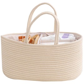 Organizador de Pañales, Cesta de regalo para shower, cesta de almacenamiento de cuerda bohemia, organizador portátil para, para Artículos Esenciales y coche, Universal para hombres y mujeres (Beige)