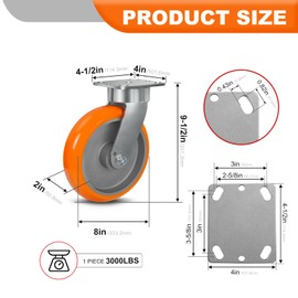 8"x2" Super Heavy Duty Casters, Kingpinless Crowned Polyurethane Tread Aluminum Core Wheel, 3000 lbs Load Capacity Per. Use for Large Platform Truck, U-Boat Cart (1 Swivel)